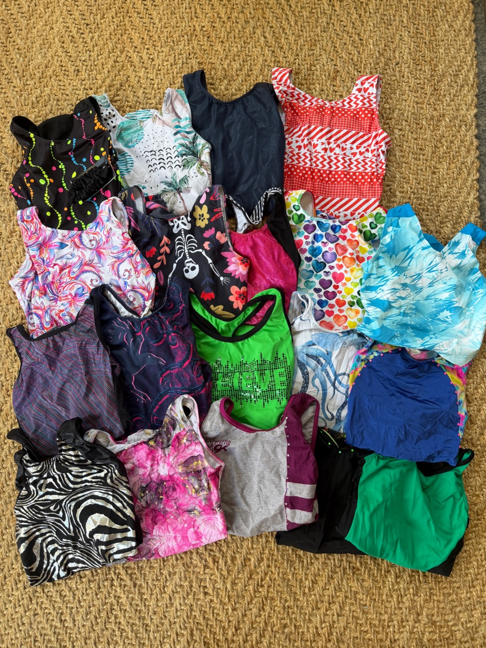 HUGE lot of 19 used one-piece gymnastics leotards- sizes 14, AXS and AS